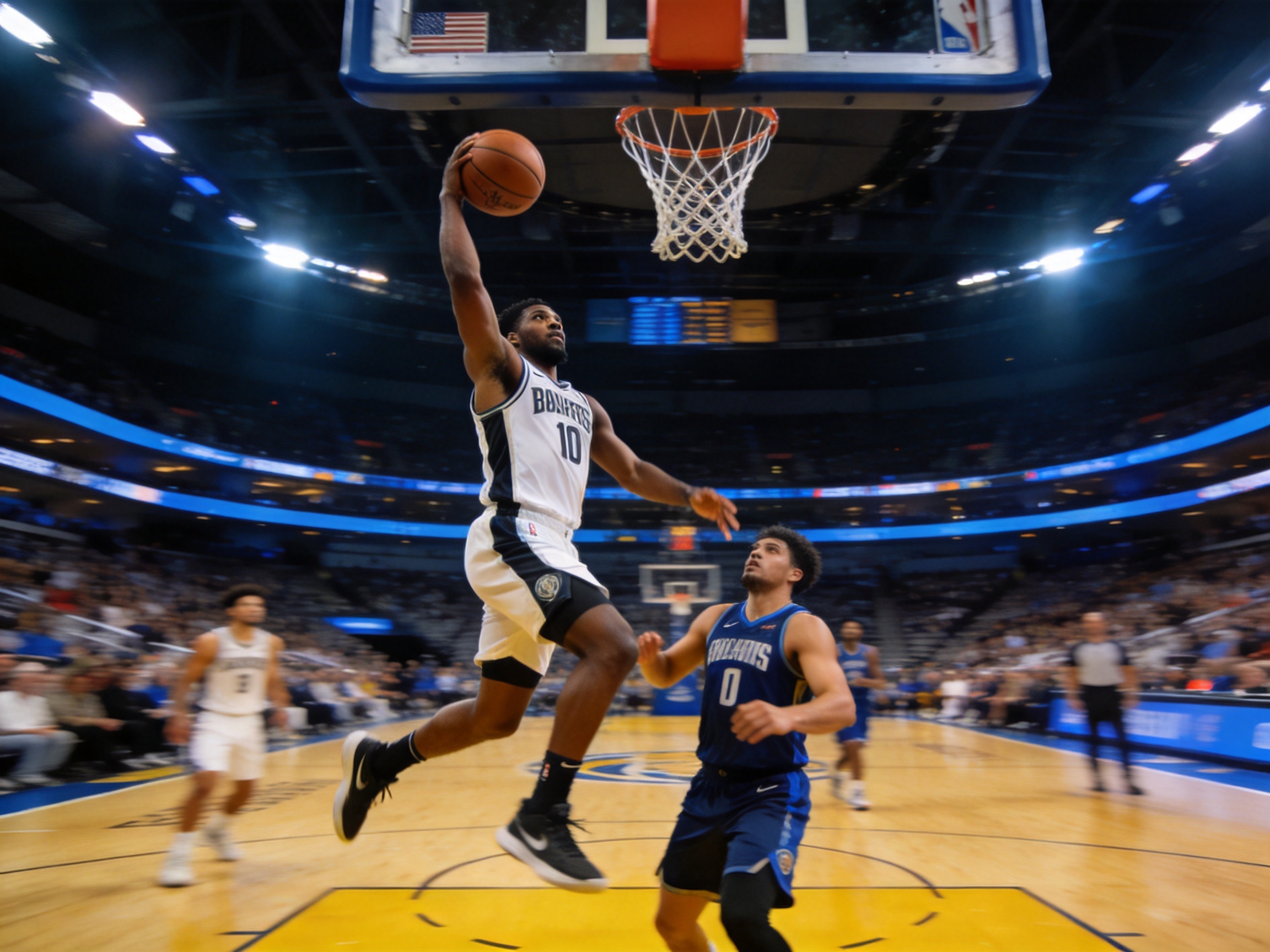 XC体育资讯：NBA季后赛赛场，球员突破上篮的精彩画面